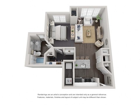 Floor plan for studio, 1 bath, 599 sqft